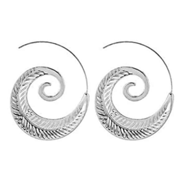 New Silver Feather Big Spiral Hoops Swirl Statement Hoop Earrings - Picture 2 of 3